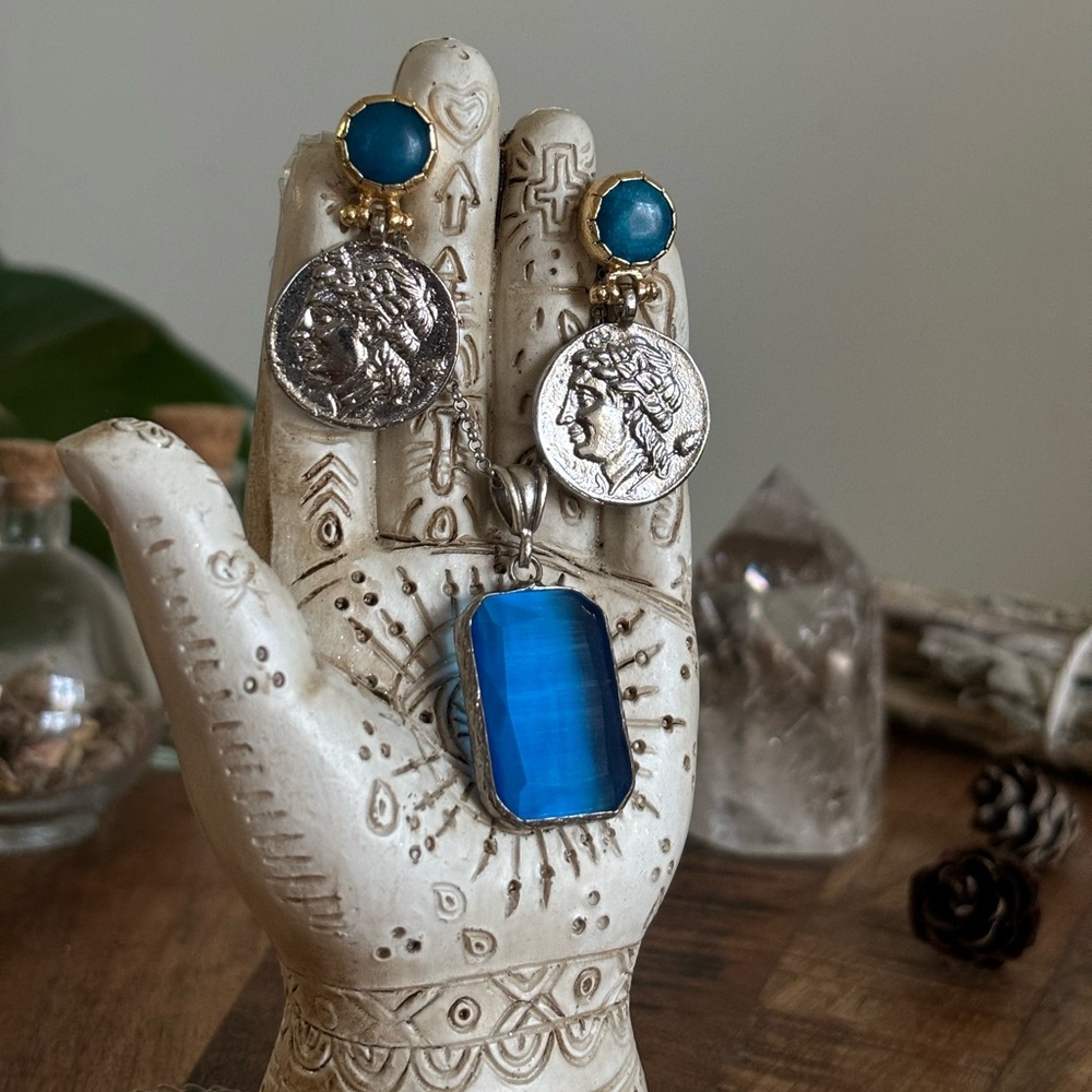 Vintage Silver Golden Coin Earrings and Blue Geometric Necklace Jewelry Set